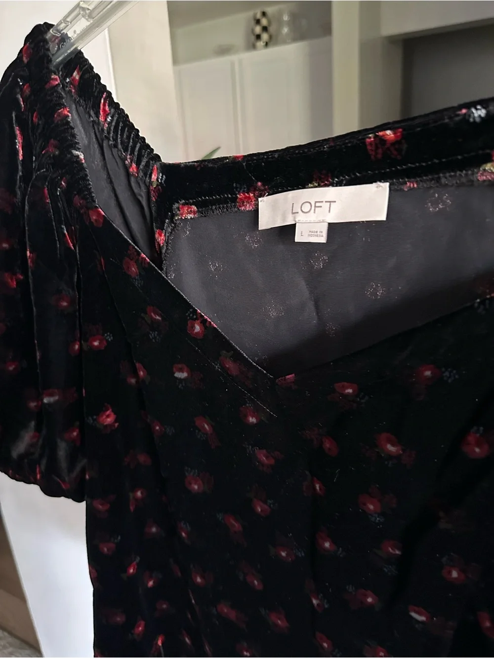 LOFT Black Velvet Puff-Sleeve Top with Red Floral Dots